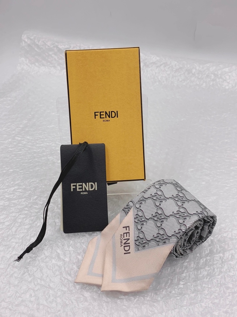 Fendi ladies  Gray & Pink Silk neck Scarf - FENDI ROMA